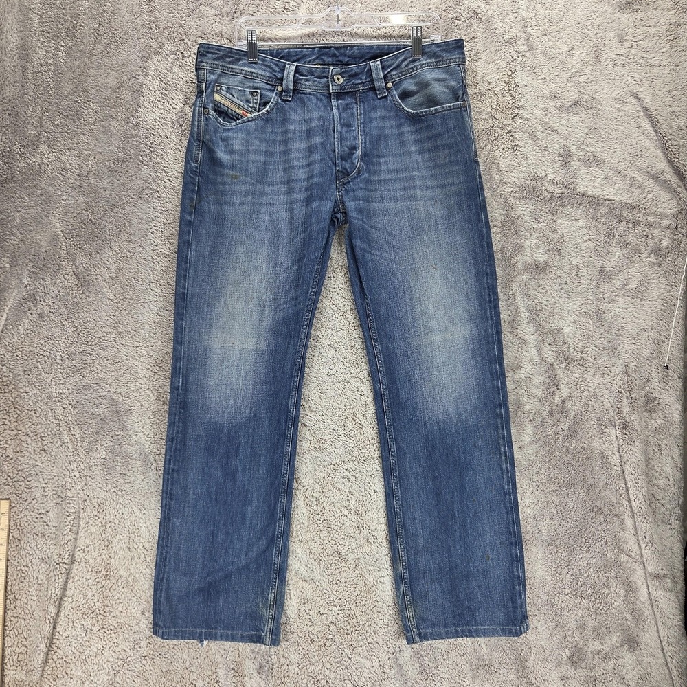 Diesel Jeans Mens 33x30 Blue Regular Straight Medium Wash Distressed Button Fly